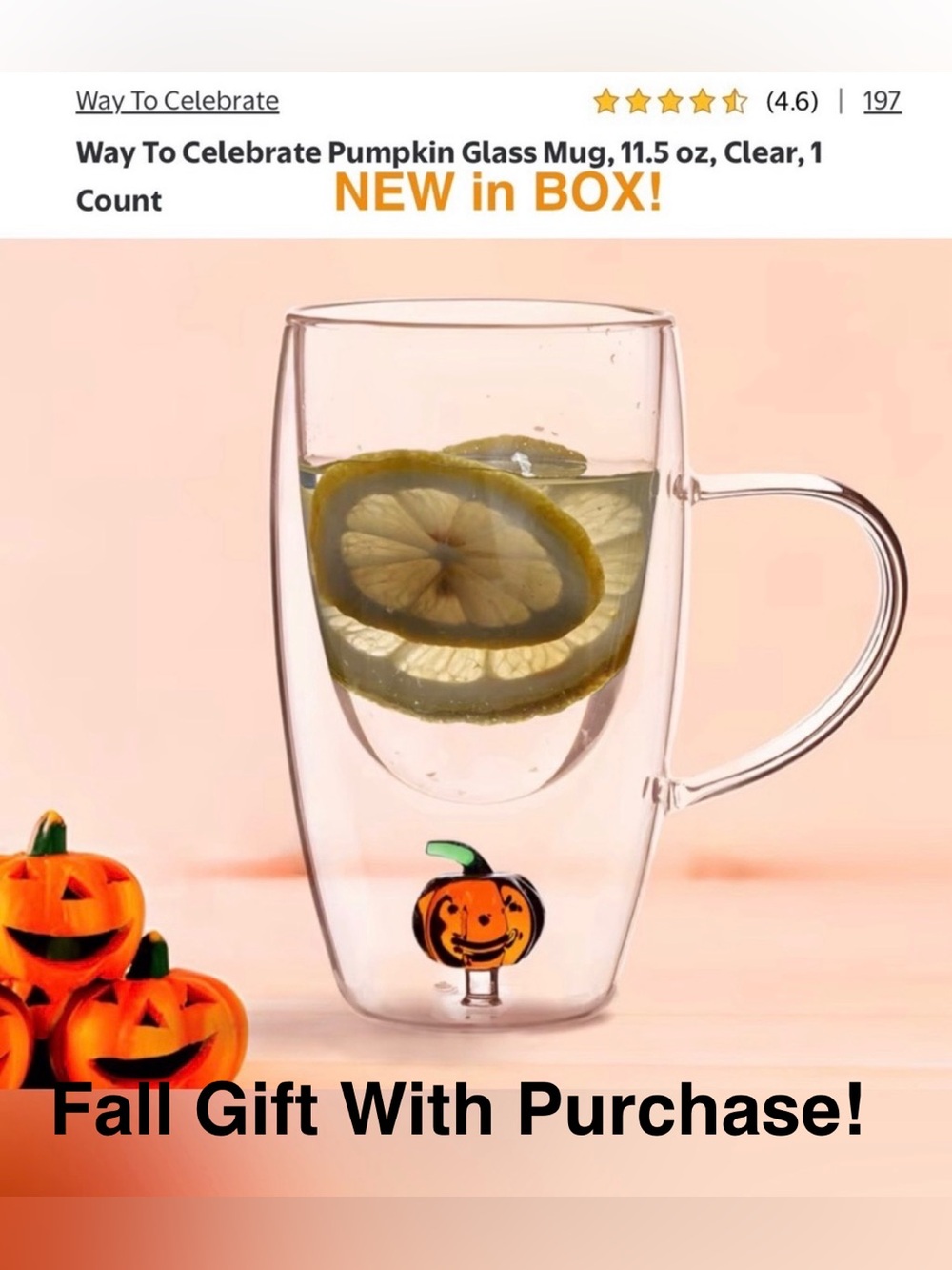 4/$25 WAY TO CELEBRATE Clear Pumpkin Double-Wall PlasticMug w/Accent Pumpkin NWT